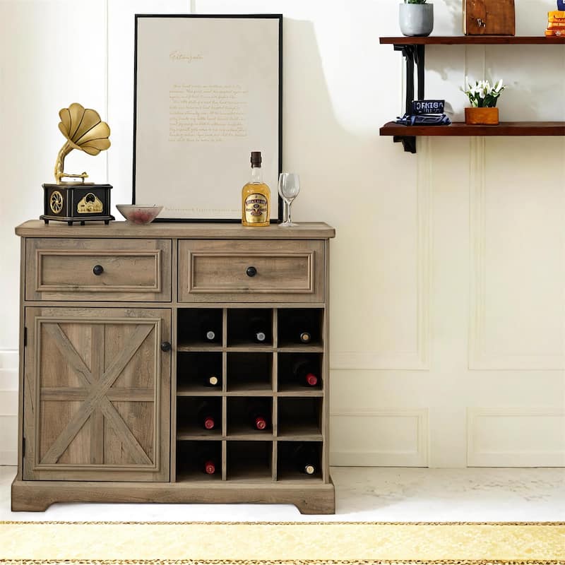 Farmhouse Liquor Wine Cabinet with 2 Drawers and Removable Racks Storage Shelves
