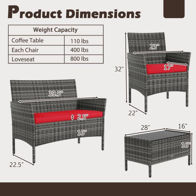 4 Piece Outdoor Rattan Patio Set with Cushions and Glass Table - 39.5" x 22.5" x 32"