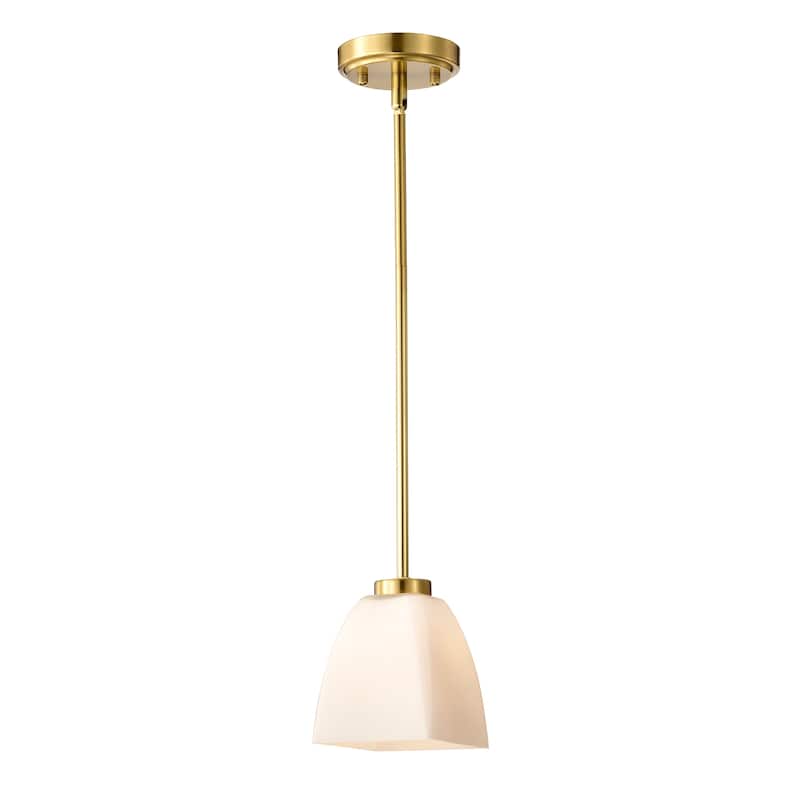 1-Light Gold Finish Mini Pendant with Pyramid Shaped Etched White Glass Shade