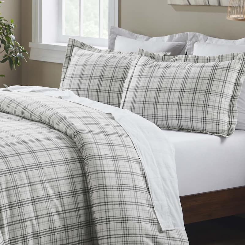 Superior Plaid Flannel Cotton Classic Rustic Farmhouse Duvet Cover Set - Charcoal - Queen