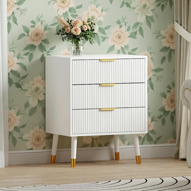 3 Drawer Dresser, Small Fluted Nightstand - White