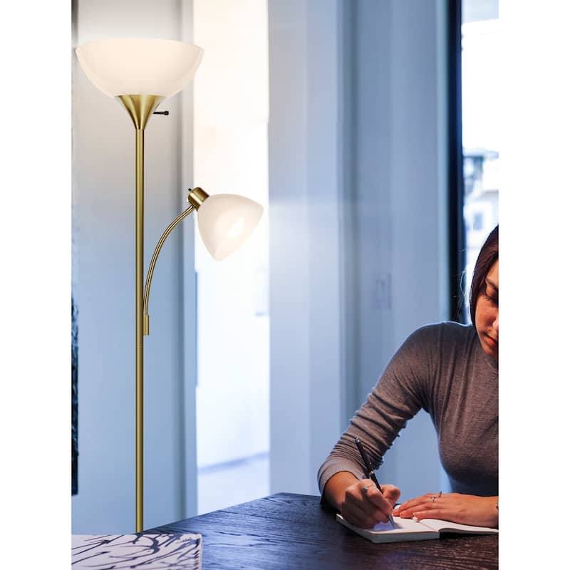 Brightech Sky Dome Plus 72 in. Antique Brass Industrial 2-Light 3-Way Dimming LED Floor Lamp with 2 White Plastic Bowl Shades