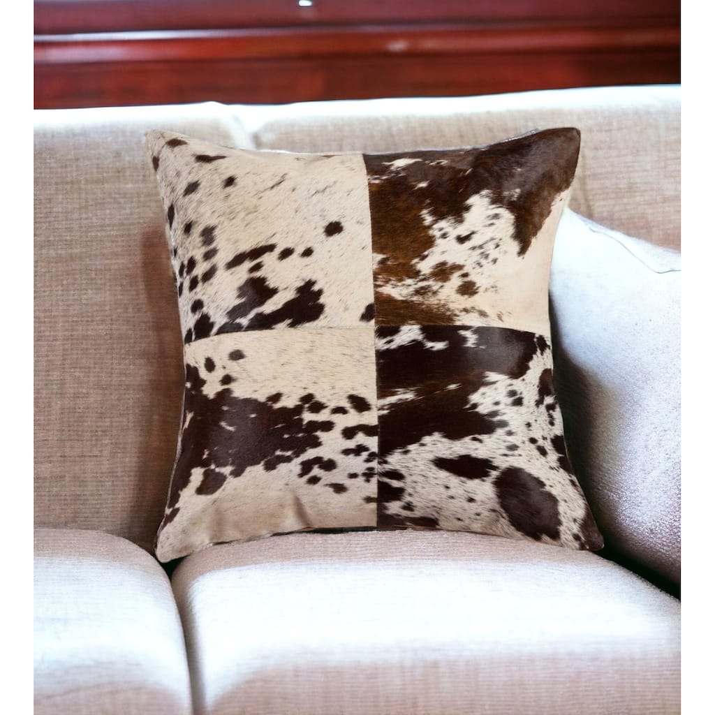 18" X 18" White and Brown Cowhide Pillow