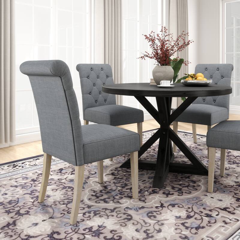 Roundhill Furniture Banff 5-Piece Round Dining Set, Cross-Buck Round Table with 4 Tufted Chairs