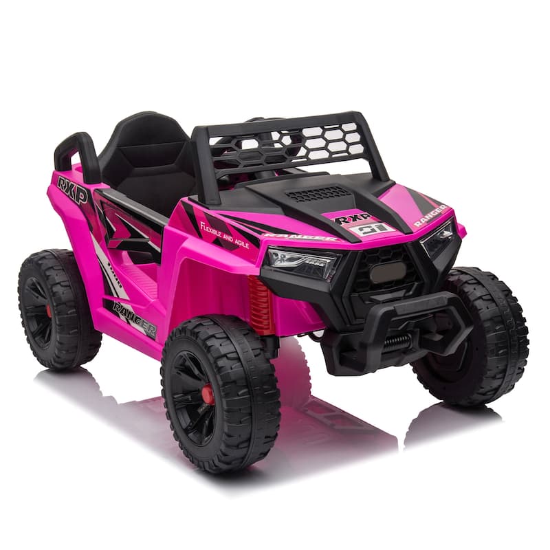 Rose Red Electric Off-Road Toy with Built-in Music, 12V Ride on Truck Car, Battery Powered Electric Vehicle for Garden Lawn