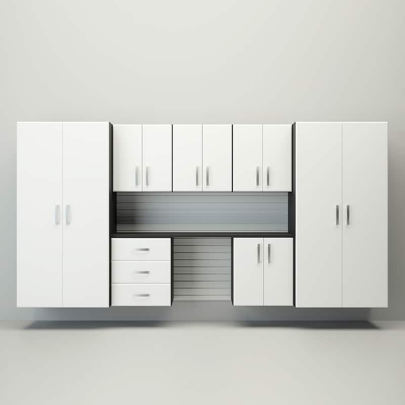Flow Wall 8 Piece PVC Indoor Cabinet Deluxe Workstation - White Slatwall / White Cabinets