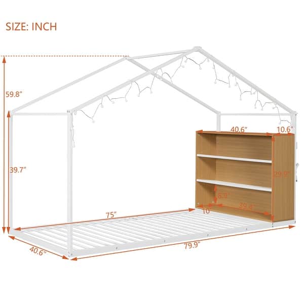 dimension image slide 1 of 2, Twin Size Metal Wood House Bed Frame with Shelves and Lights for Kids, Boys and Girls