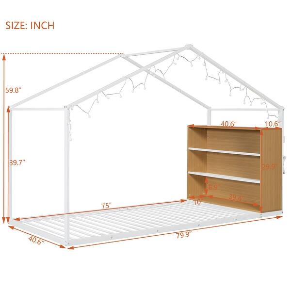 dimension image slide 1 of 2, Twin Size Metal Wood House Bed Frame with Shelves and Lights for Kids