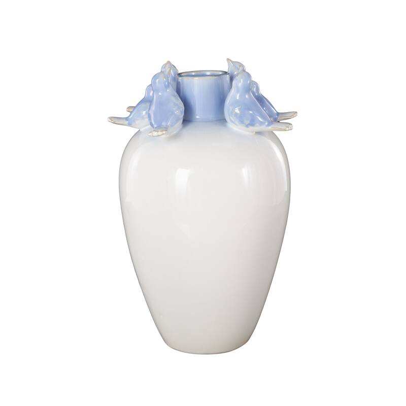 White Ceramic Bird Decorative Vase with Blue Accents