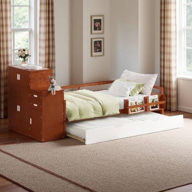 Twin Solid Wood Platform Bed, Daybed with Built-in Bookshelf, Movable Wardrobe, and Pull-Out Trundle - Walnut