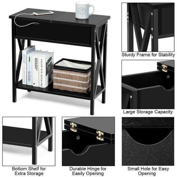 Flip Top End Table Sofa Side Console Table W//Shelf Hidden Hinged Storage Brown