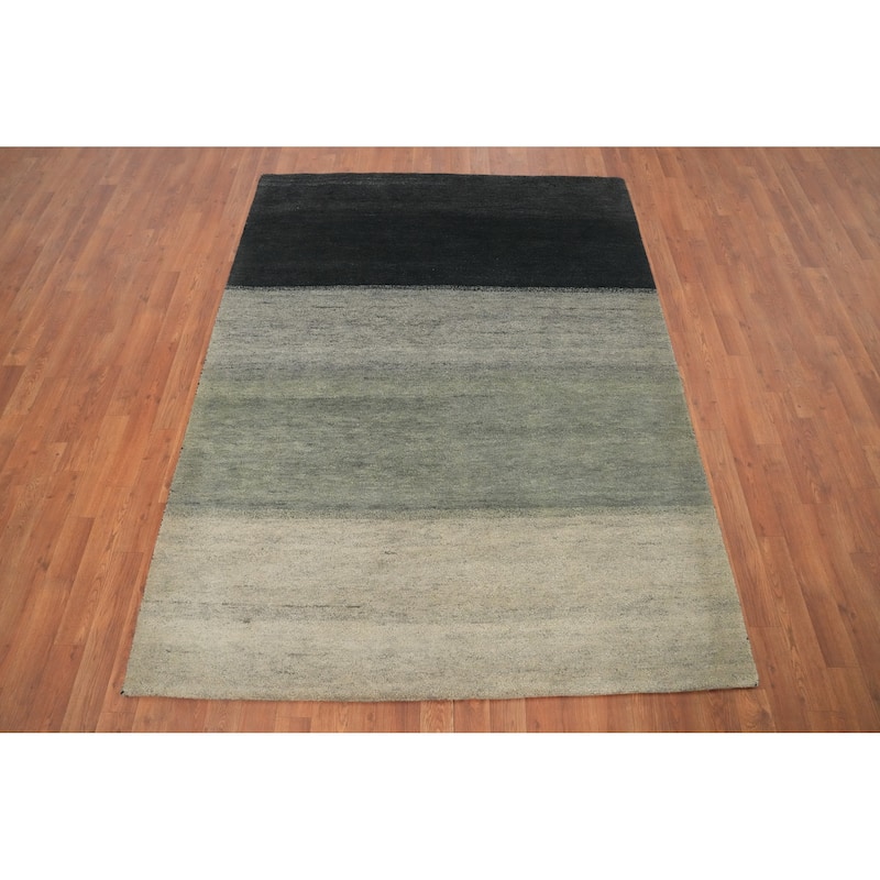 Hand Knotted Oriental 100% Wool Carpet Modern Stripe Greys & Charcoal Gabbeh Area Rug - 6' 8'' X 5' 0''