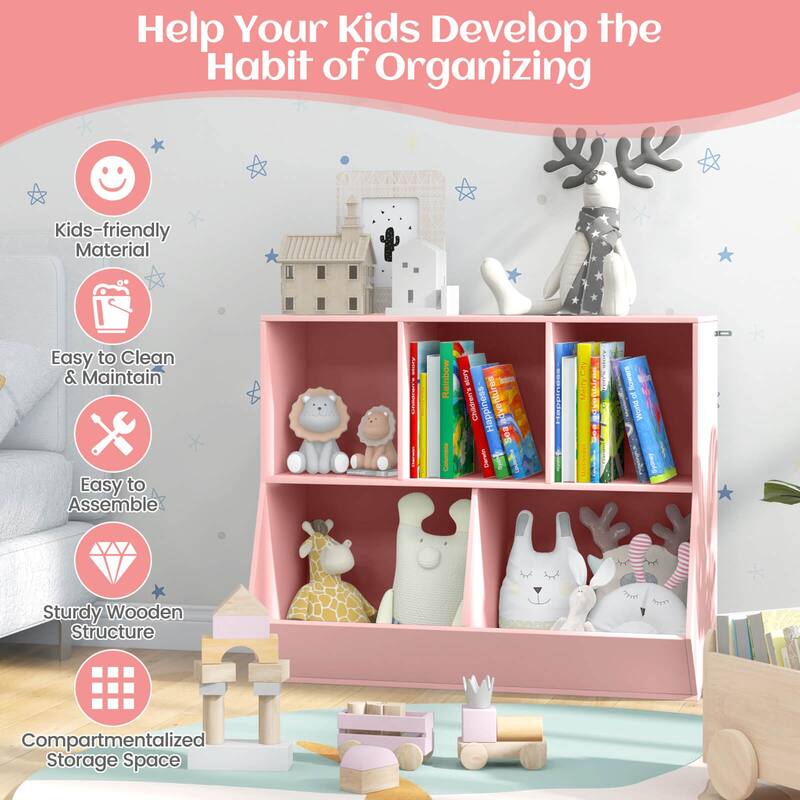 Costway 5-Cubby Kids Toy Storage Organizer Wooden Bookshelf Display - See Details