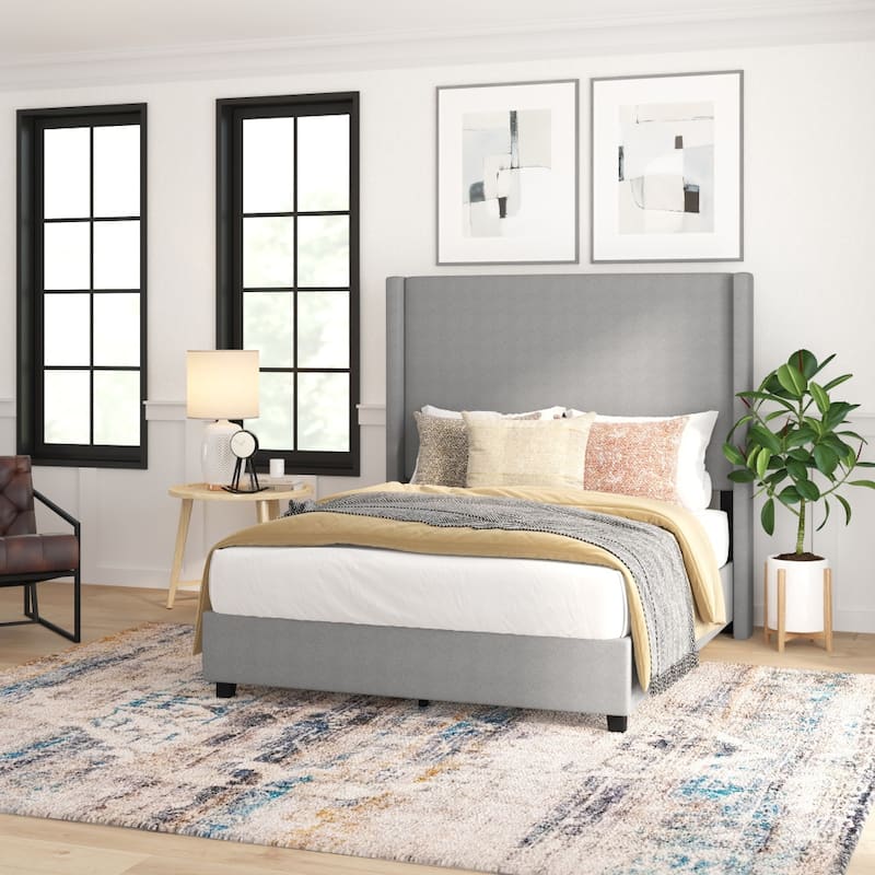Modern Upholstered Platform Bed with Channel Stitched Headboard - Gray - Full