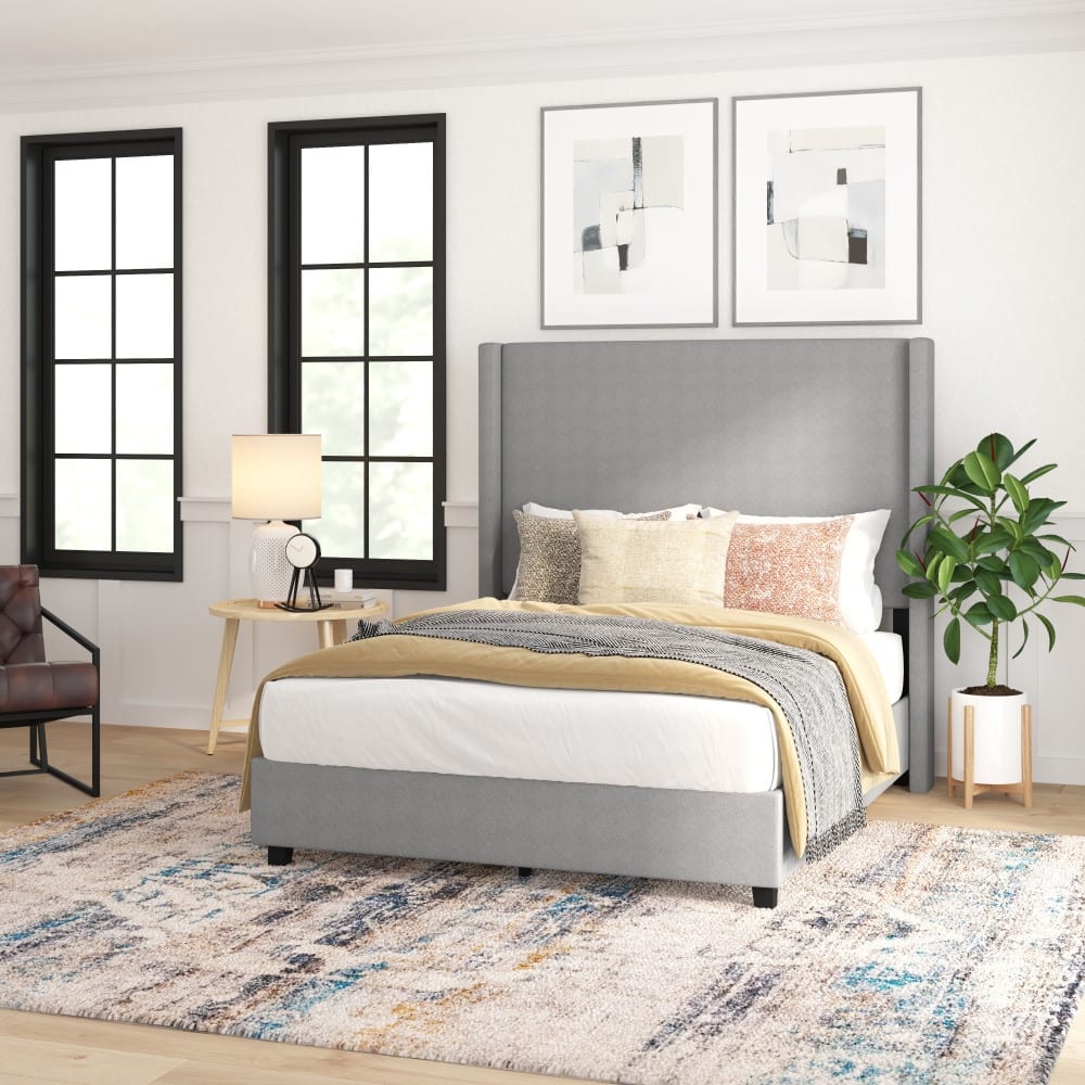 Modern Upholstered Platform Bed with Channel Stitched Headboard