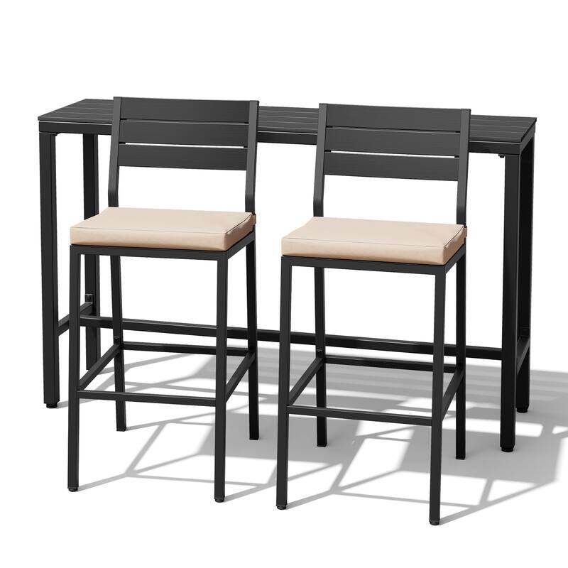Outdoor 3-Piece Patio Bar Stools Set Rectangle Bar Table and Barstools with Cushion - Black Table with Beige Cushion Chairs