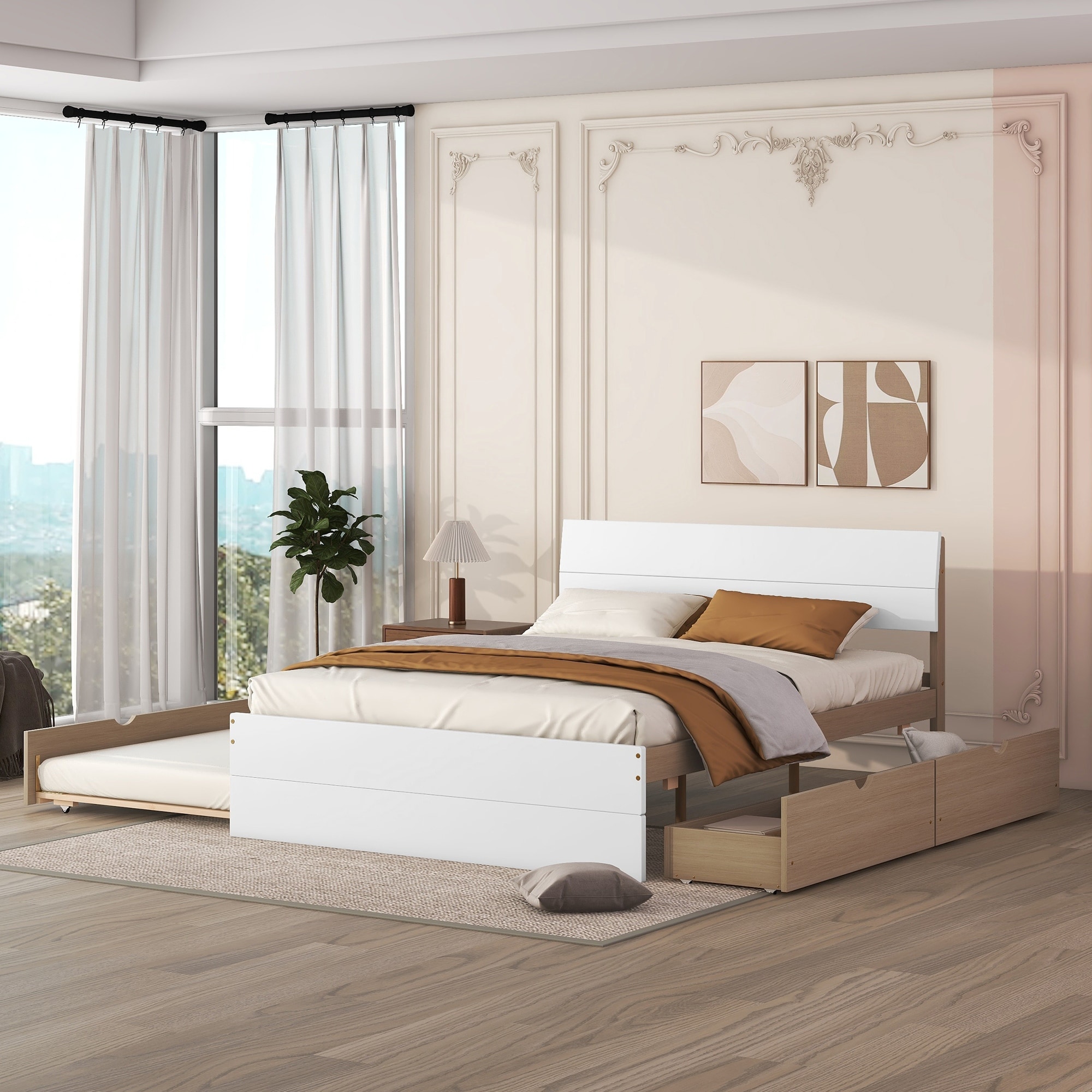 Modern Bed Frame With Trundle And 2 Drawer