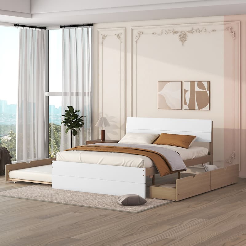 Modern Full Bed Frame With Twin Size Trundle And 2 Drawers, Full Size Bed