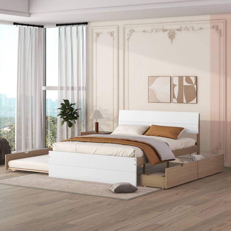 Wooden Full Size Bed Frame with Trundle and 2 Storage Drawers, Solid Wood Platform Bed Full Size with Headboard and Footboard
