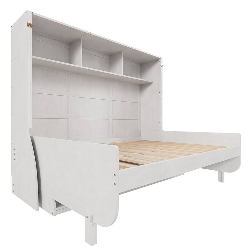 Full Size Murphy Bed with 3 Storage Shelves & Desk, Rustic 2-in-1 Bed Wooden Convertible Cabinet Bed, Space-Saving Design