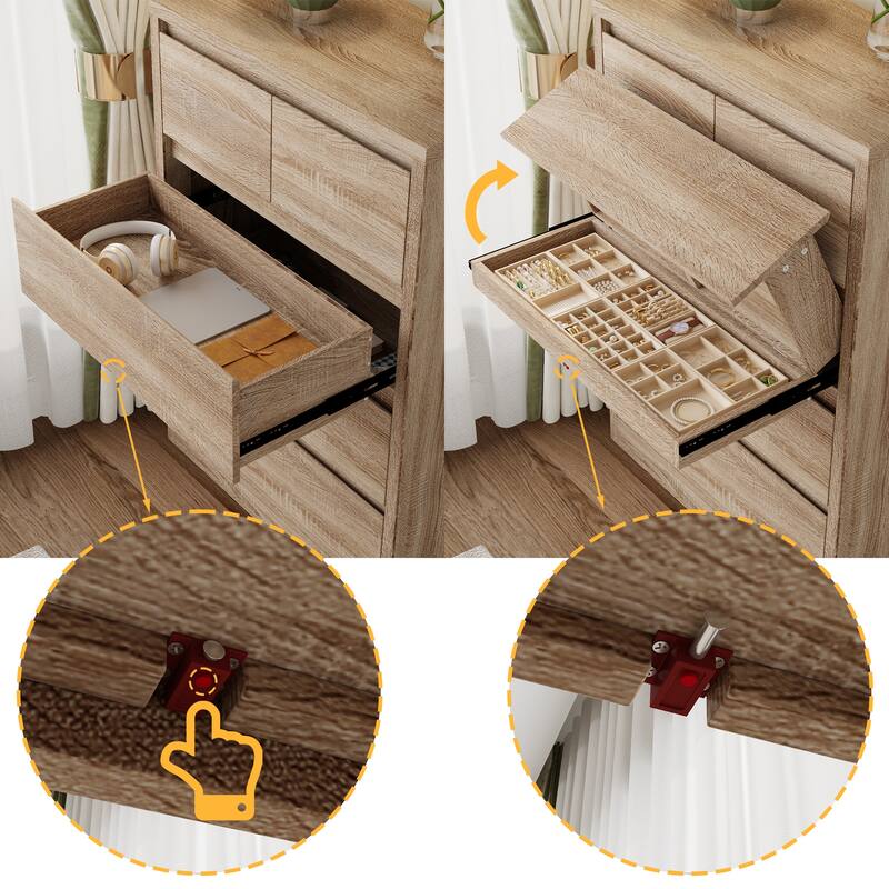 Wood Grain Nightstand,5 Drawers + 3 Hidden Spaces + Flip - Up Top,for Bedroom Privacy