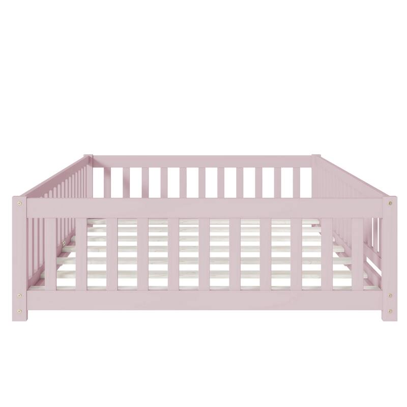 White Full Size Wooden Floor Bed with Fence & Door, Rubber, Safety Guardrails