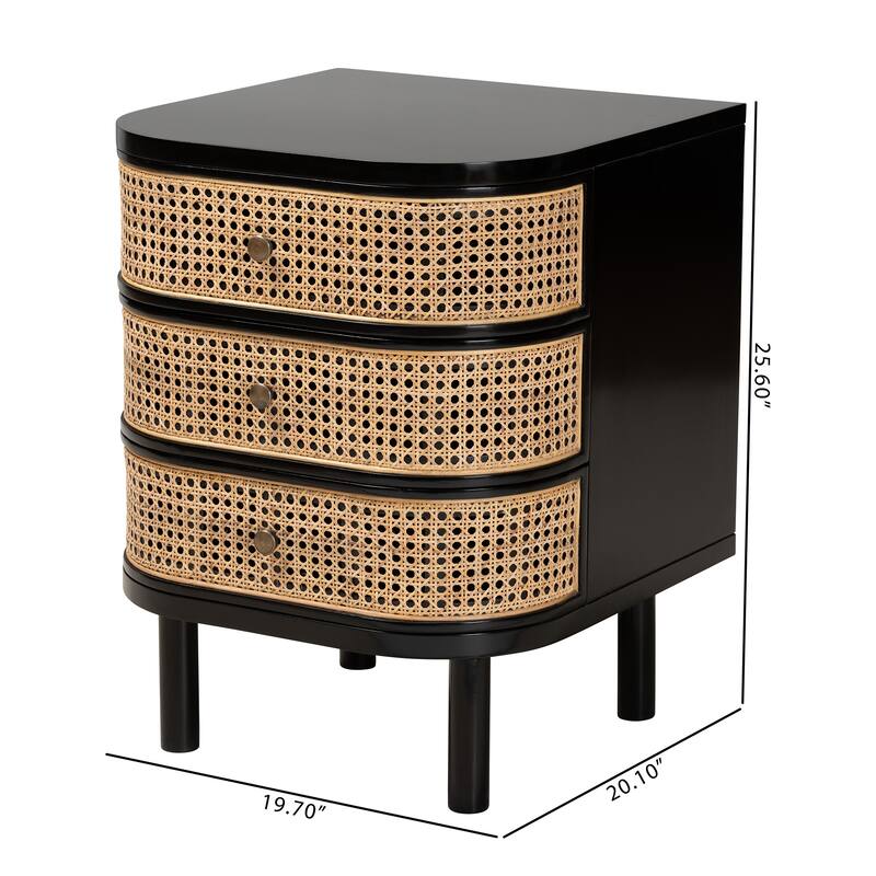 Nabila Modern Bohemian Black Bayur Wood and Natural Rattan 3-Drawer End Table Nightstand