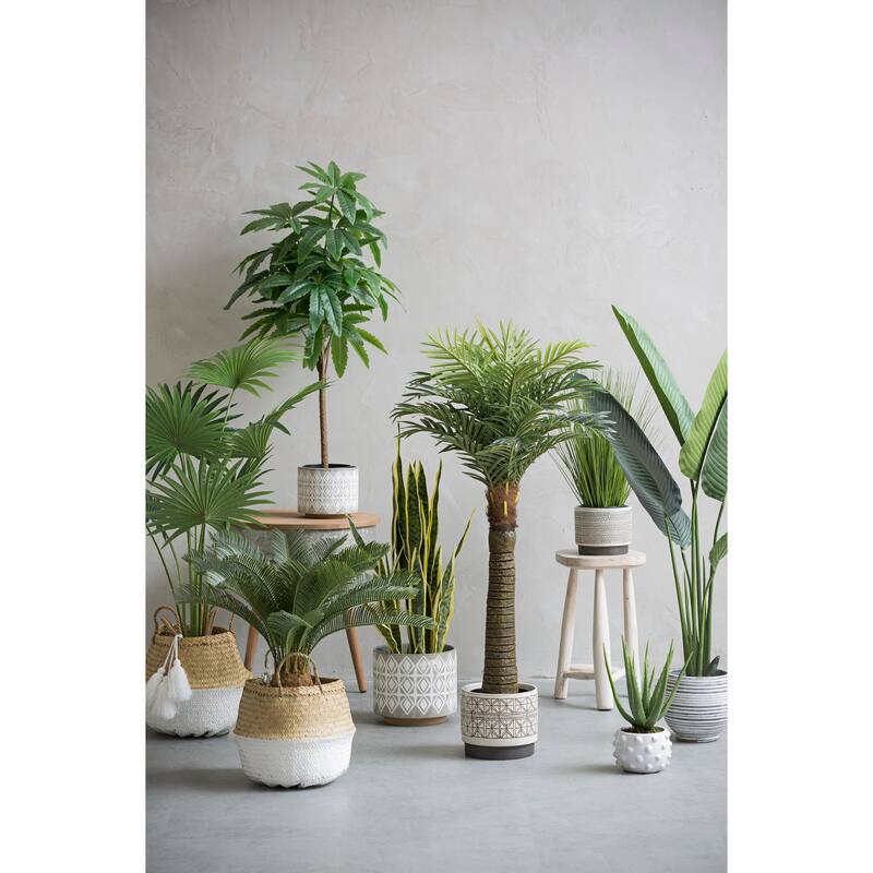 Decorative Stoneware Planters with Geometric Lines - White