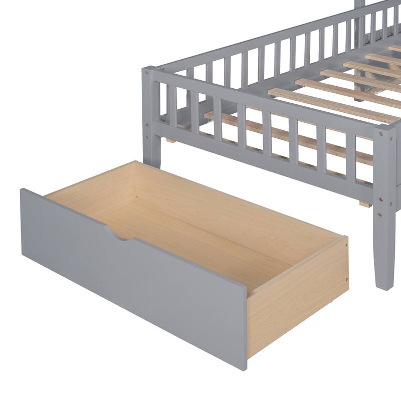 Twin Size House Bed with Upholstered Sofa, House Bed with Charging Station,Gray