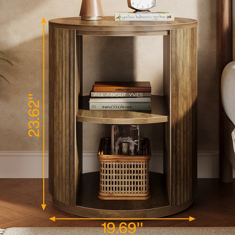 3-Tier Round End Table, Farmhouse Round Side Table with Fluted Design