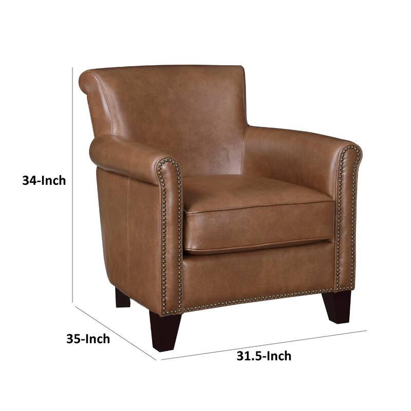 Tria Sofa Accent Chair, Brown Faux Leather, Nailhead Trim, 32 Inch