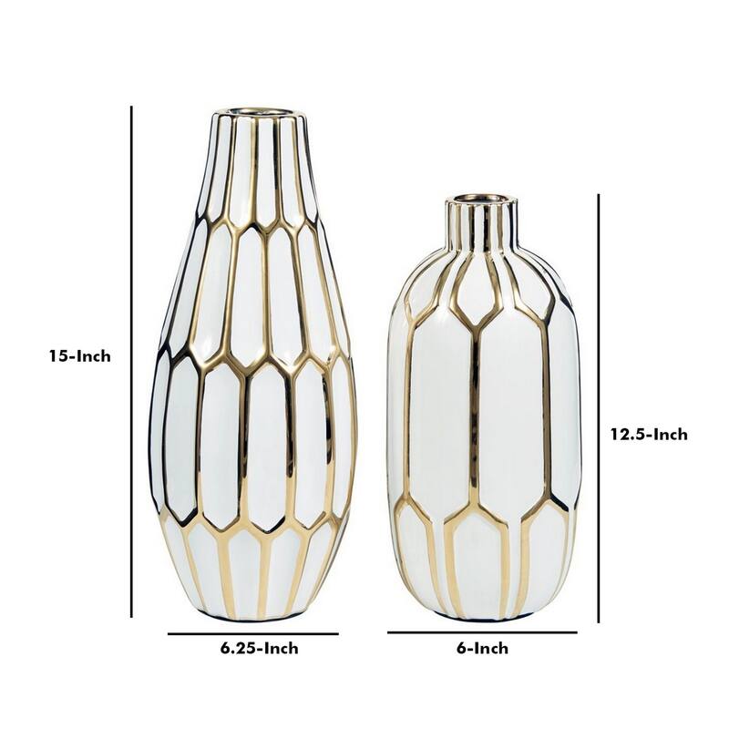 Vase with Honeycomb Geometric Design, Set of 2, White and Gold