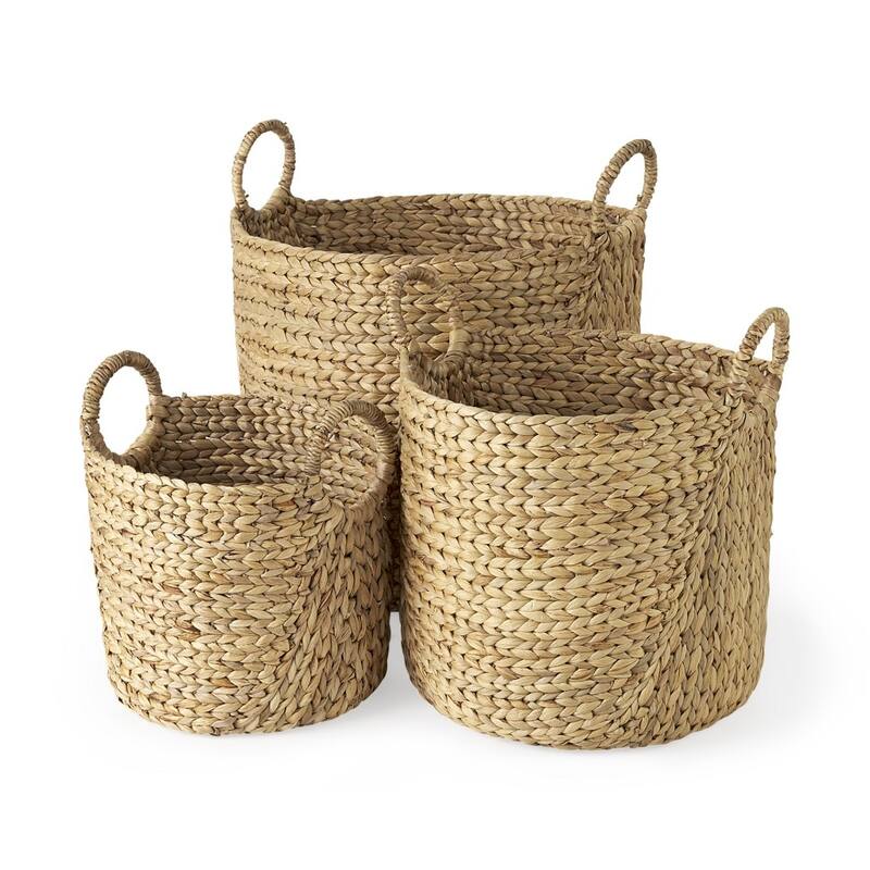 Set of Three Braided Wicker Storage Baskets - 19.685" W x 19.685" D x 23.622" H - Brown - 19.685" W x 19.685" D x 23.622" H
