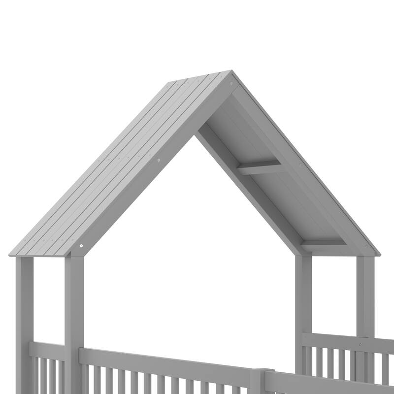 Full Size House Floor Bed, Double Full Floor Bed with Door and Full-length Guardrails, Multi-function Design