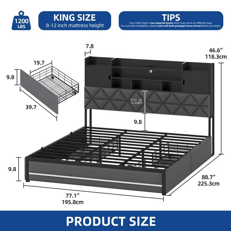 Moasis Queen / King Size Upholstered Bed Frame with Storage Bookcase Headboard & RGB LED Lights