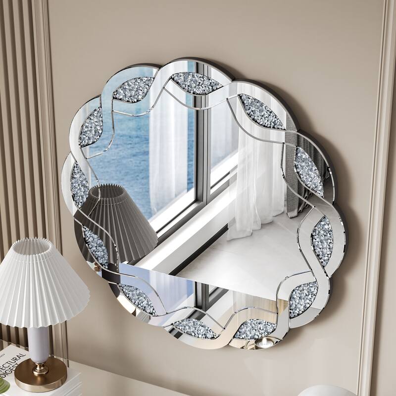 Roomfitters 31.5" Silver Mirrored Wall Mirror, Round Decorative Console Mirror with Crushed Diamond Wave Frame