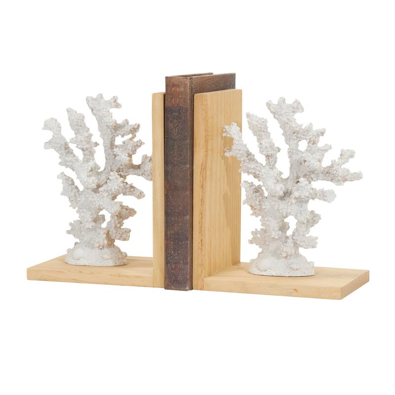 White Resin Textured Coral Decorative Bookends with Brown L-Shaped Stands (Set of 2)