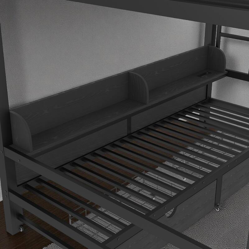 Queen over Queen/Twin XL over Twin XL Metal Bunk Bed with Storage Shelves, Drawers, USB Ports & LED Lights