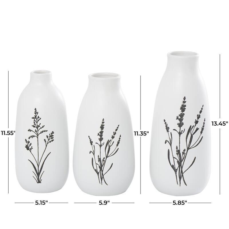 Ceramic Decorative Vase with Black Lavender Prints - Set of 3 White - Roche River Decor