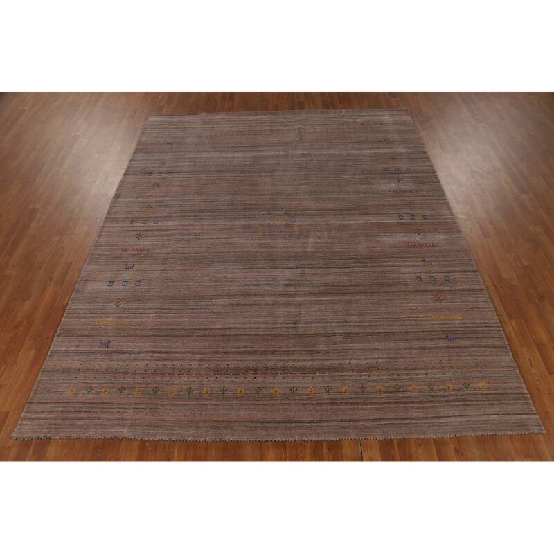 Striped Brown Tribal Gabbeh Oriental Area Rug Hand-Knotted Wool Carpet - 8'0"x 9'9"