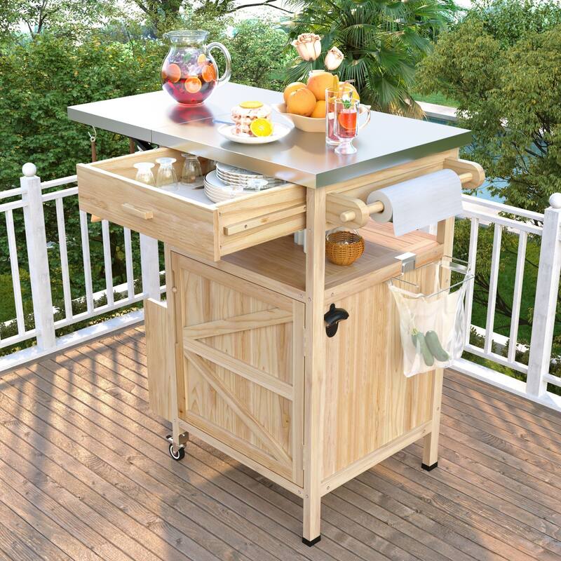 Multi-Functional BBQ Prep Table with Solid Wood Frame, Adjustable Shelves, and Towel Rack for Outdoor Use