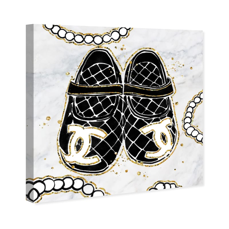 Wynwood Studio Prints Fashion and Glam Her First Shoes Black and Metallic Gold Modern & Contemporary Wall Art Canvas Print