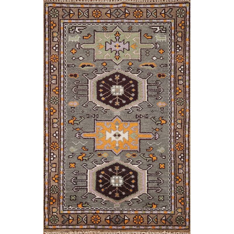 Geometric Grey Kazak Indian Rug Hand-Knotted Wool Carpet - 3'0"x 5'0"