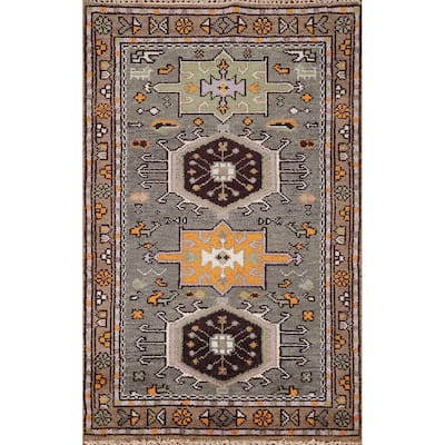 Geometric Grey Kazak Indian Rug Hand-Knotted Wool Carpet - 3'0"x 5'0"
