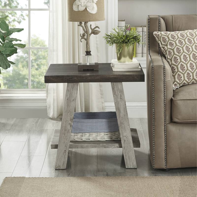 24" Modern Round End Table with Storage Shelf and Overextended Rectangular Top