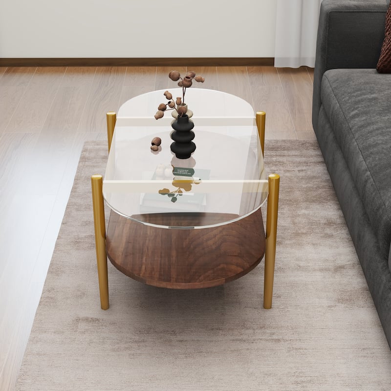 Oval Shaped Glass Coffee Tablemedieval Modern Design, Double-Layer Structure With Storage Function