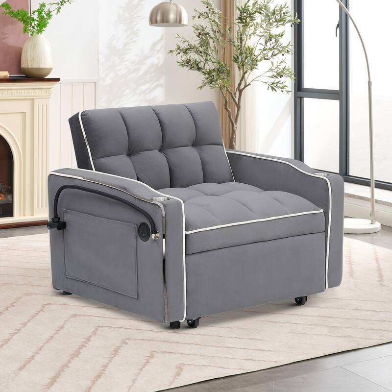 Multifunctional Velvet Upholstered Convertible Storage Futon Chair with Swivel Phone Stand -  Dark Gray