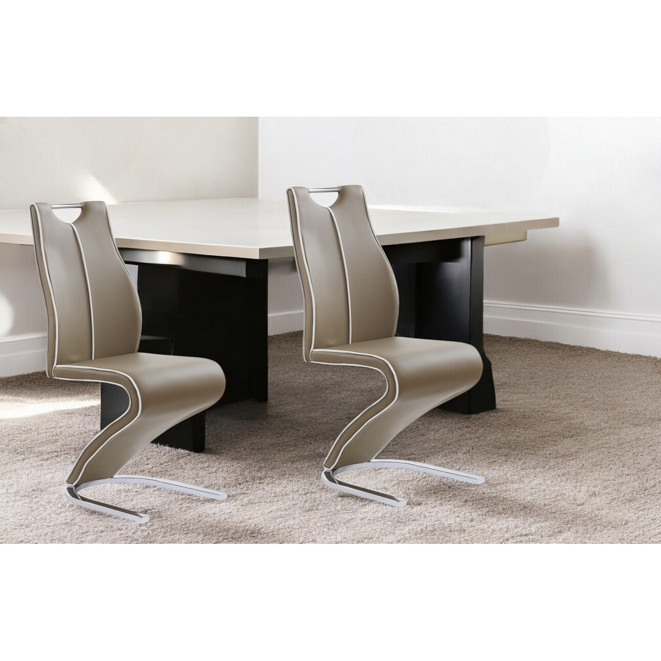 Set of Two Brown and Silver Upholstered Faux Leather Dining Parsons Chairs