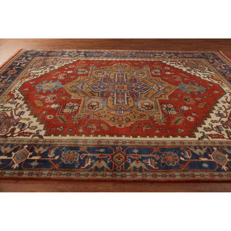 Heriz Serapi Indian Rug Hand-Knotted Medallion Orange Wool Carpet - 9'0"x 11'11"