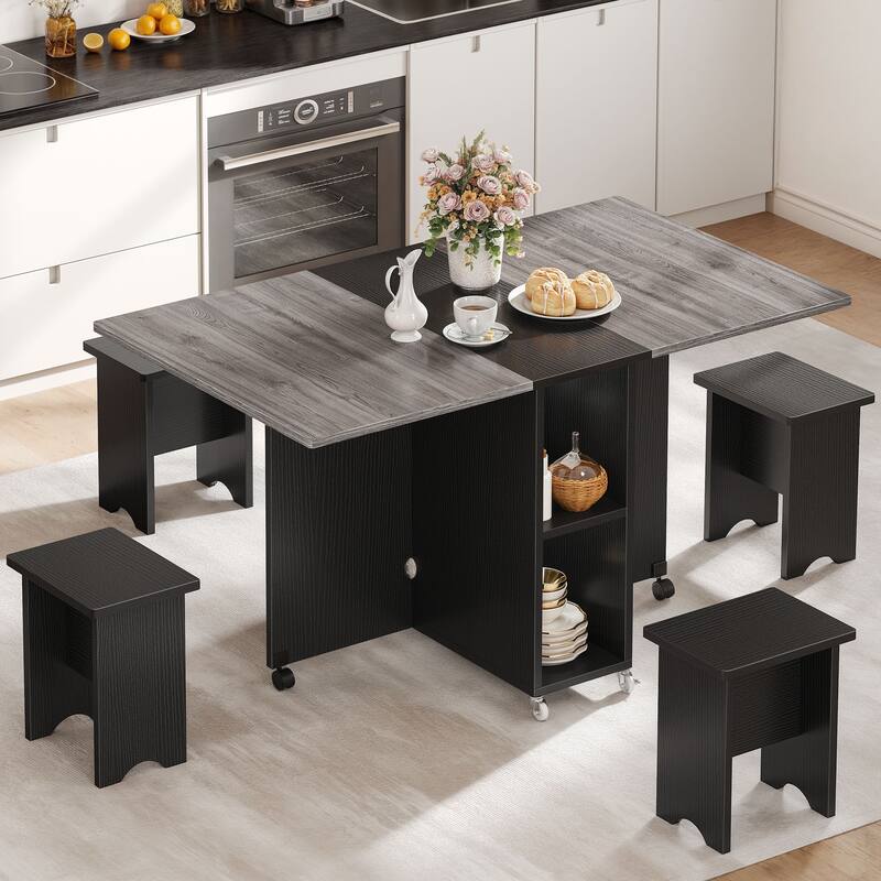Moasis 5 Pieces 7 Pieces Folding Dining Set with Drop Leaf Table and Storage Stools for up to 6 People - 55"W - Grey Top/Black